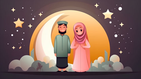 Muslim couple standing in front of the moon and stars. Vector illustrationの素材