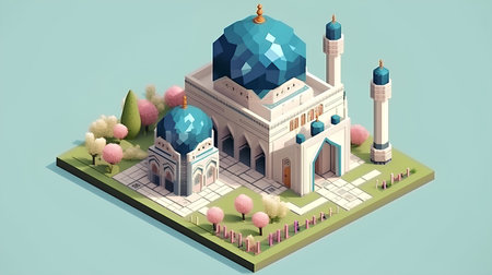 isometric mosque building on isometric background 3d rendering for Ramadan Kareemの素材