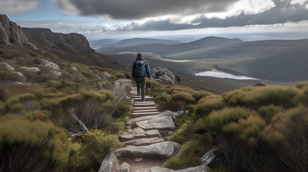 Hiker on the top of a mountain with a view of the valleyの素材