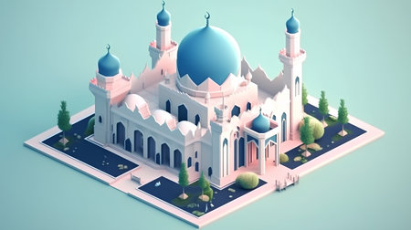isometric mosque in islamic style, 3d render illustrationの素材