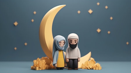 3d illustration of muslim couple standing near the crescent moonの素材