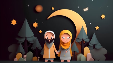 Illustration of muslim family in front of the moon and starsの素材