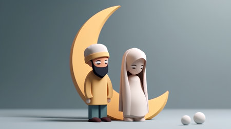 Muslim couple in front of a crescent moon - 3d renderの素材