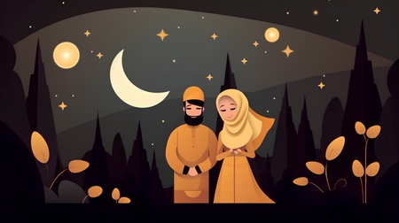 Illustration of Jesus and Mary in the night with moon and starsの素材
