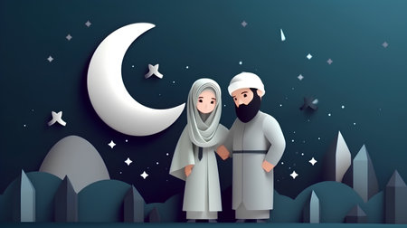 Illustration of Muslim couple with moon and stars in the night backgroundの素材