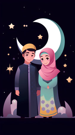 Muslim family cartoon vector illustration. Muslim man and woman in traditional clothes standing on the background of the night sky with stars and moon.の素材
