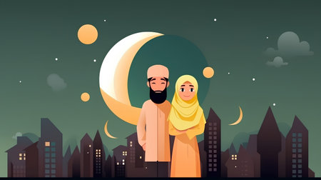 Muslim man and woman on the background of the night city. Vector illustrationの素材