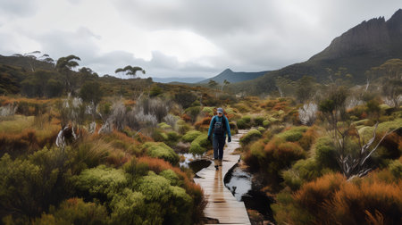 Hiking in the Australian Outback during a cloudy and rainy dayの素材