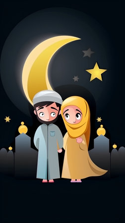Illustration of a Muslim Couple on the Moon and Star Backgroundの素材