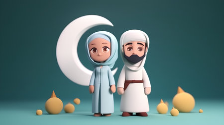 3D illustration of Muslim couple standing next to the crescent moonの素材