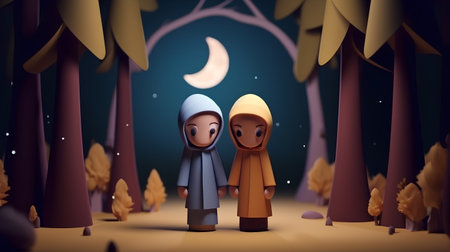 Illustration of a muslim couple in the middle of the forestの素材