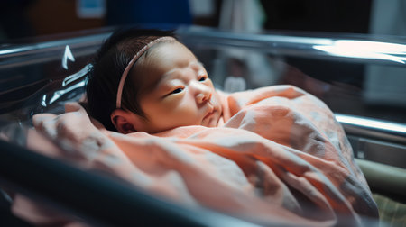 Cute asian baby girl sleeping in hospital ward, shallow focusの素材