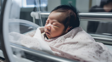 Cute asian baby girl sleeping in hospital ward. New life and healthcare concept.の素材