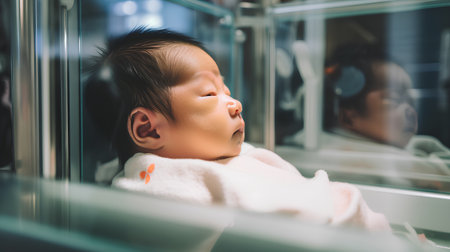 Cute asian baby boy sleeping in the window of the hospital.の素材