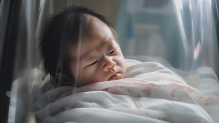 Cute asian baby sleeping on the bed in the morning.の素材