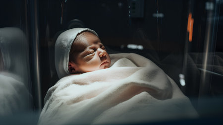 Newborn baby wrapped in a soft blanket in the hospital ward.の素材