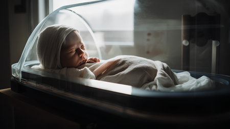 Sleeping newborn baby wrapped in a blanket at the window.の素材