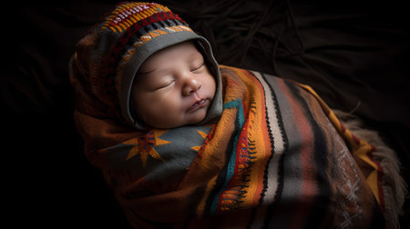 Sleeping newborn baby wrapped in a warm blanket on a dark backgroundの素材