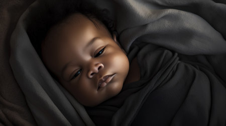 Portrait of a cute little african american baby in bedの素材