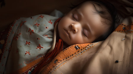 Cute asian baby sleeping on the bed. Close up.の素材