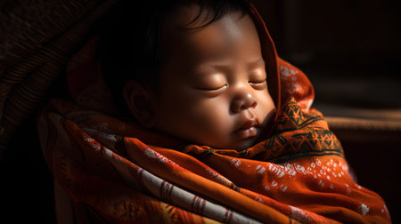 Cute asian baby sleeping in a basket on black background.の素材