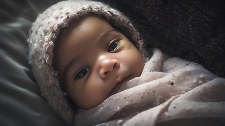 Portrait of a cute little baby girl in a gray blanket.の素材