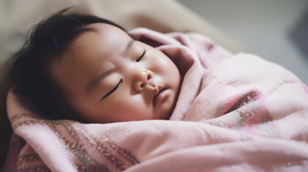 Cute asian baby girl sleeping on the bed at home.の素材