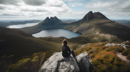 Woman sitting on a rock and looking at a lake in the mountainsの素材
