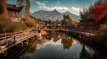 Beautiful ancient Chinese town at the foot of the mountain, Chinaの素材
