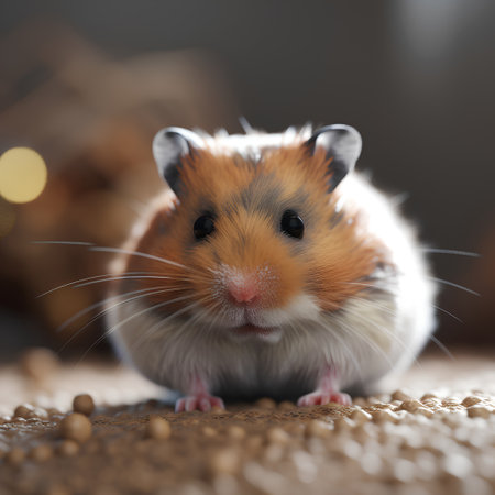 Hamster close up on a wooden background with bokeh.の素材