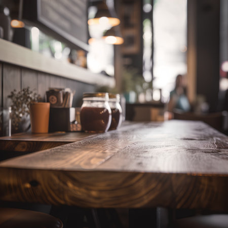 Empty wooden table and coffee shop blur background with bokeh image.の素材