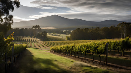 Landscape with vineyards in the evening light, Tasmania, Australiaの素材