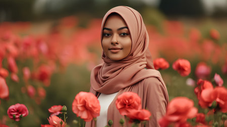 Portrait of a beautiful muslim woman in a field of poppiesの素材