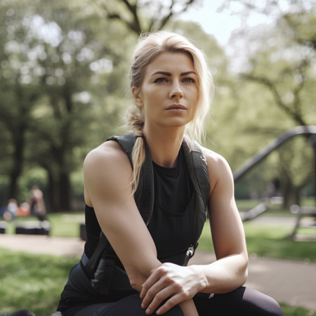 Portrait of a beautiful young woman sitting on a bench in the parkの素材
