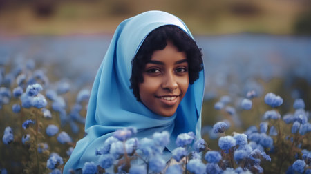 Beautiful african american woman in blue hijab posing in field of flowersの素材