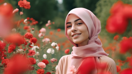 Beautiful Asian muslim woman with red poppies in the fieldの素材