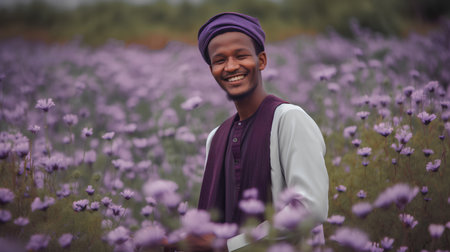 Portrait of a young african man in lavender field.の素材