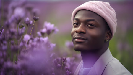 Young african american man in purple lavender field at sunsetの素材