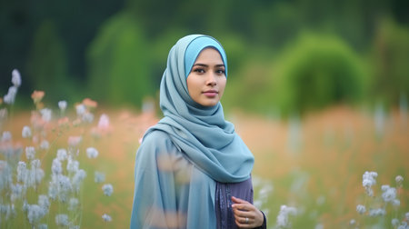Portrait of beautiful muslim woman with hijab in the meadowの素材