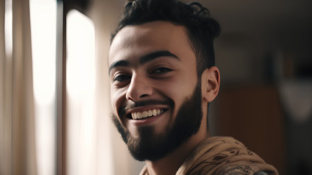 Portrait of a handsome young man smiling and looking at camera.の素材