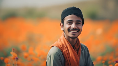 indian man in poppy field with orange scarf and hat smiling at cameraの素材