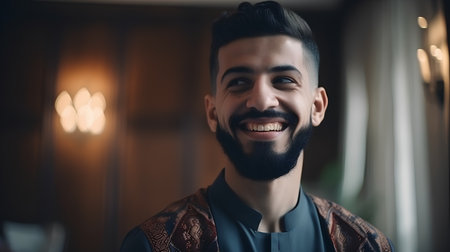Portrait of a handsome young man with beard, smiling and looking at camera.の素材