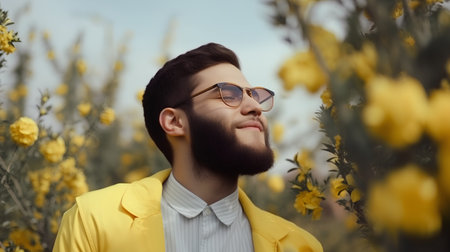 Portrait of a handsome young man in a yellow jacket and sunglassesの素材