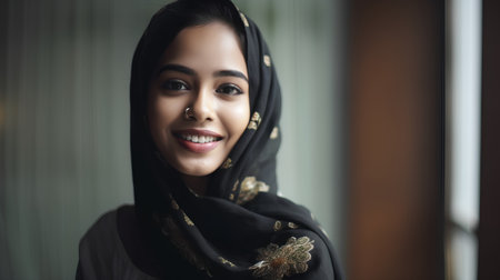 Portrait of a beautiful young muslim woman smiling at the cameraの素材