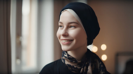Portrait of a beautiful young muslim woman in hijab looking at cameraの素材