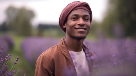 Young african american man standing in lavender field, smiling.の素材