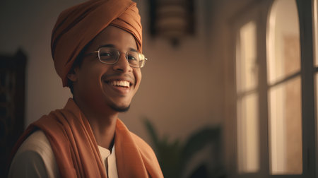 Portrait of a happy young man wearing a turban and glassesの素材