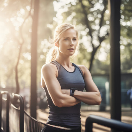 Portrait of a sporty young woman with arms crossed in the park.の素材
