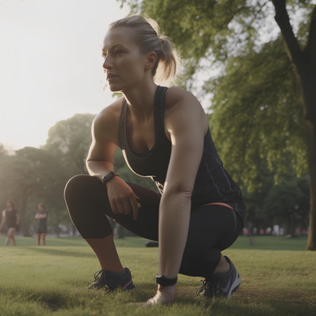 Beautiful young woman doing stretching exercise in the park at sunset.の素材