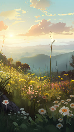 Beautiful meadow with flowers at sunset. 3D illustration.の素材